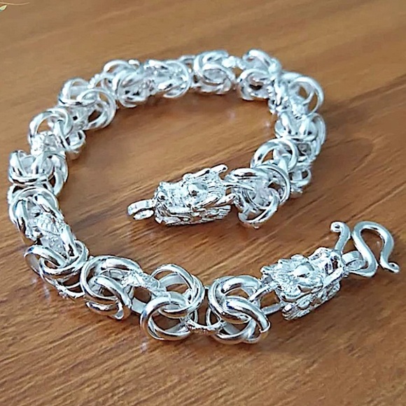 Dragon Viking Sterling Silver Byzantine Chain Link Bracelet - Picture 1 of 5